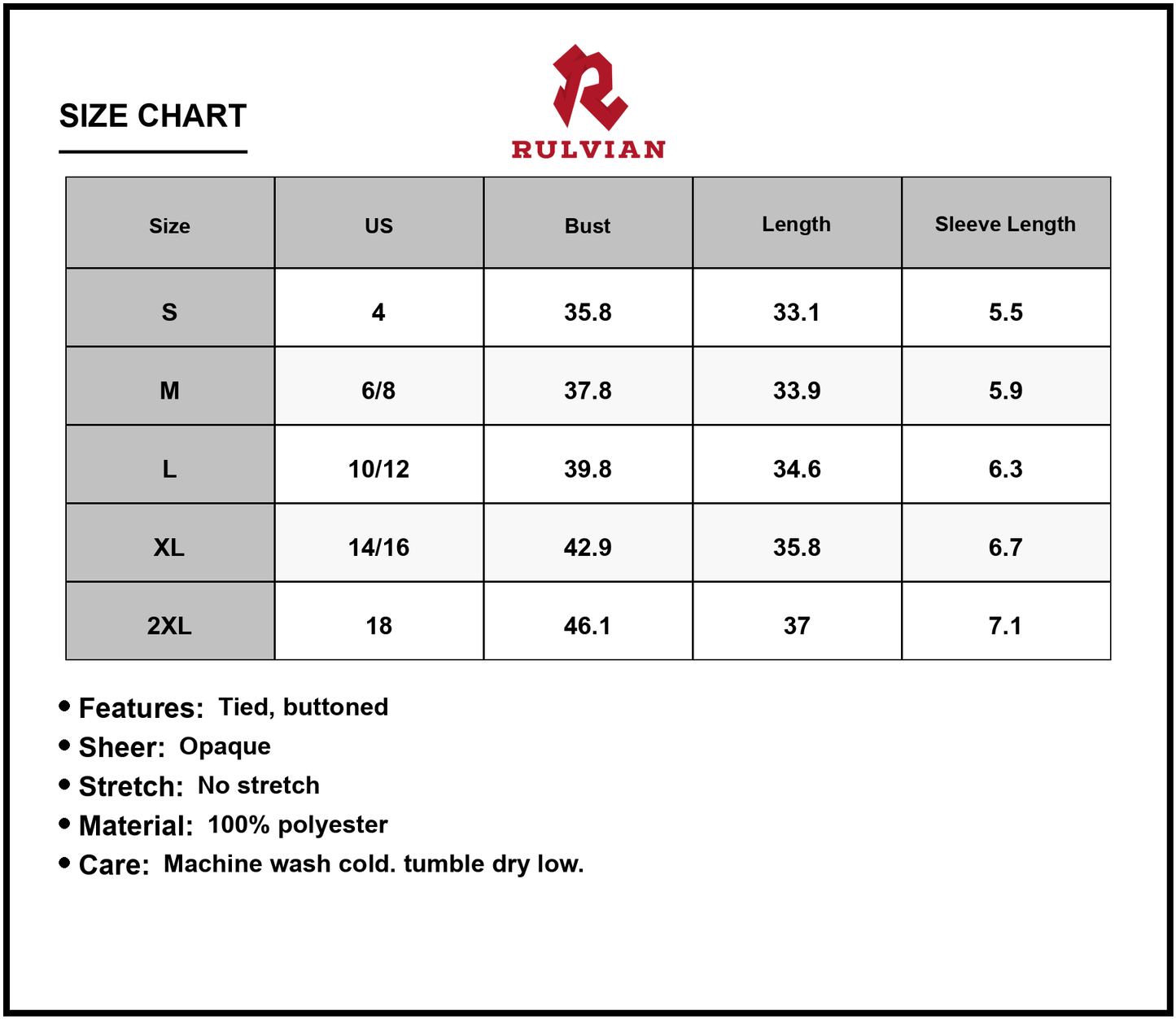 Size Chart - Women's Tied Button Up Short Sleeve Mini Shirt Dress with Opaque Non Stretch 100% Polyester for Summer and Everyday Wear