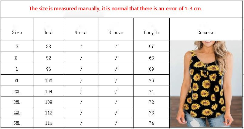 Size Chart - Sleeveless vest sunflower print casual loose top