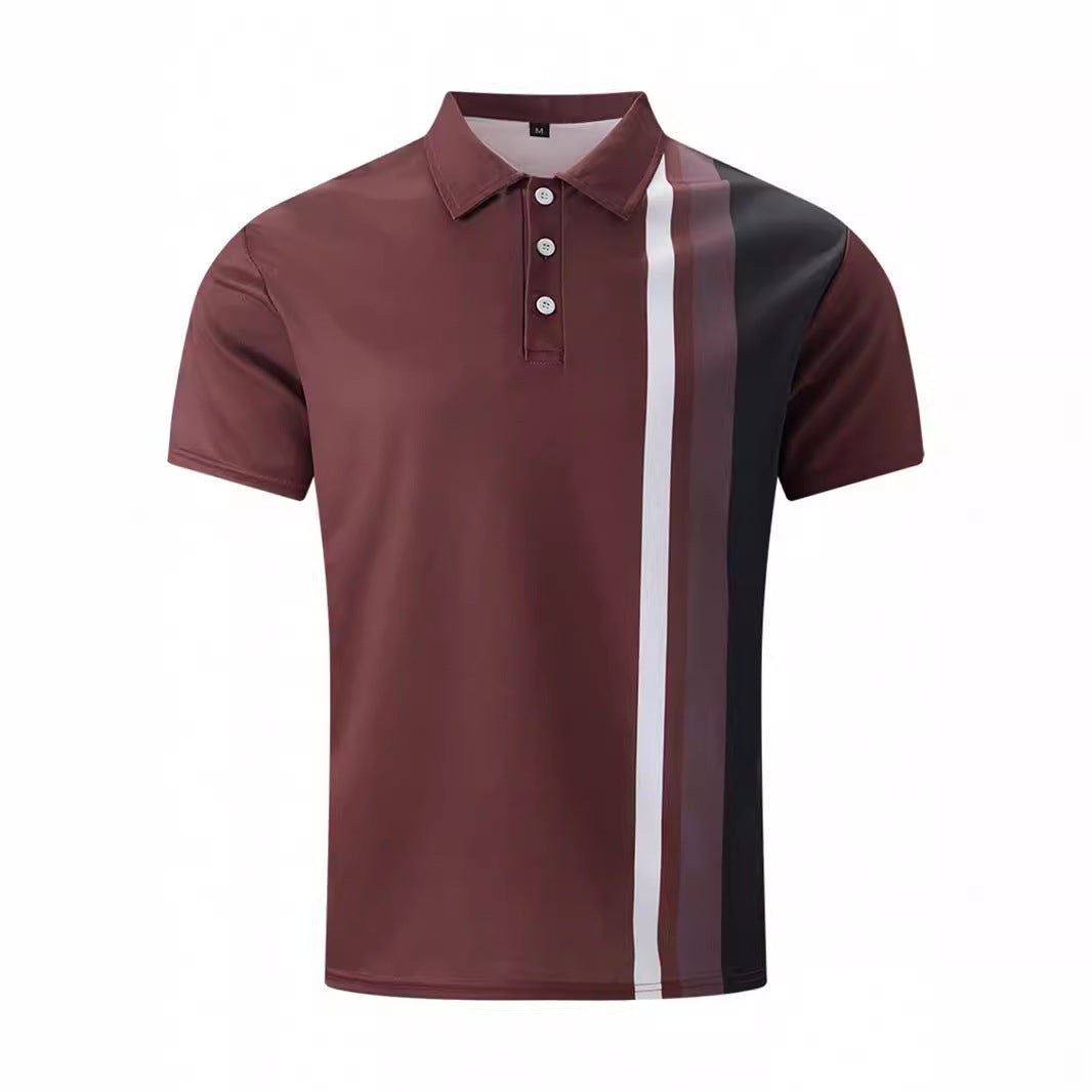 Men's Striped Lapel Polo Shirt in Brown 100% Polyester Fabric with Classic Fit for Casual Everyday Wear