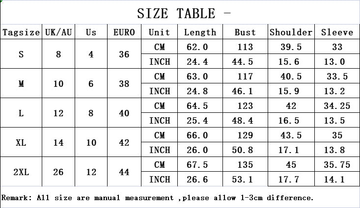 Size Chart - Women's Fashion Vintage Print Short Sleeve Shirt
