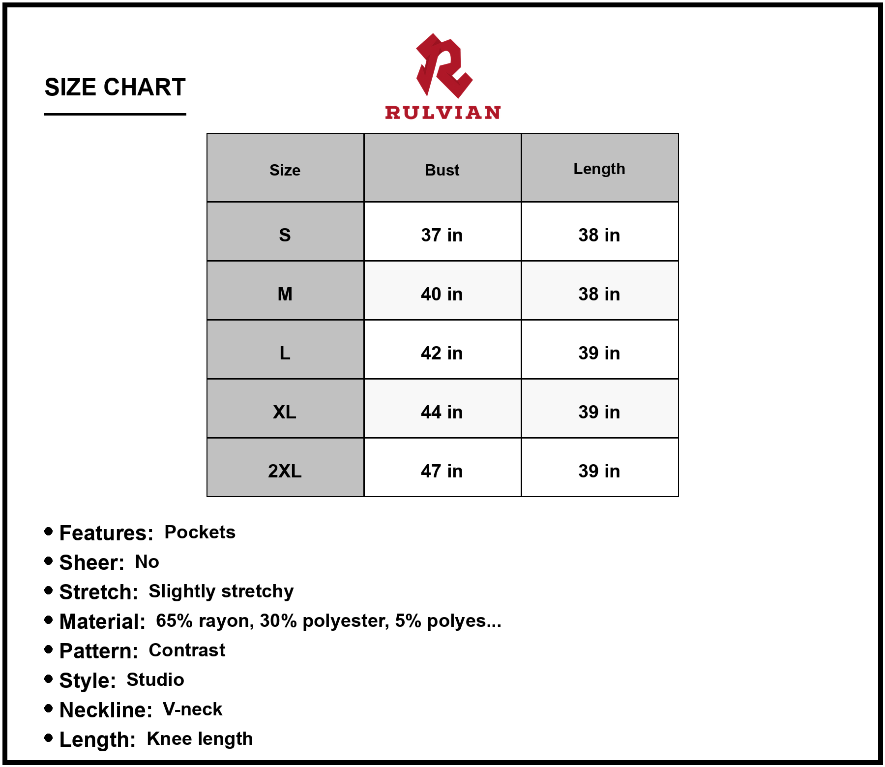 Size Chart - Women's Contrast V Neck Sleeveless Dress Casual Knee Length with Pockets 65% rayon 30% polyester 5% polyester