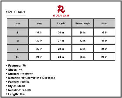 Size Chart - Women's Printed V Neck Tie Belt Ruffle Hem Mini Dress 95% polyester 5% spandex Fabric Casual Everyday Wear