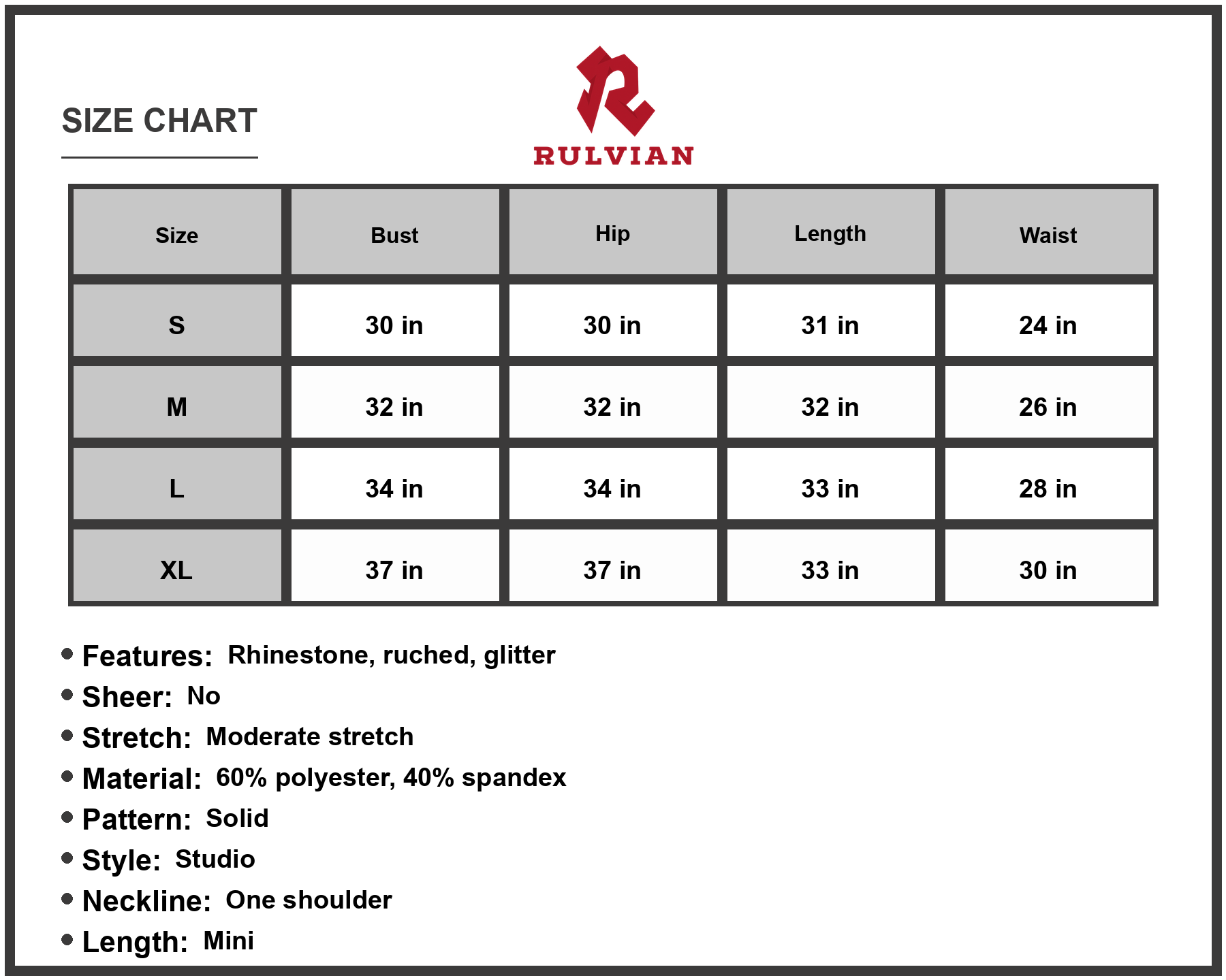 Size Chart - Women's Glitter Rhinestone Chain Detail Ruched One Shoulder Dress sixty percent polyester and forty percent spandex