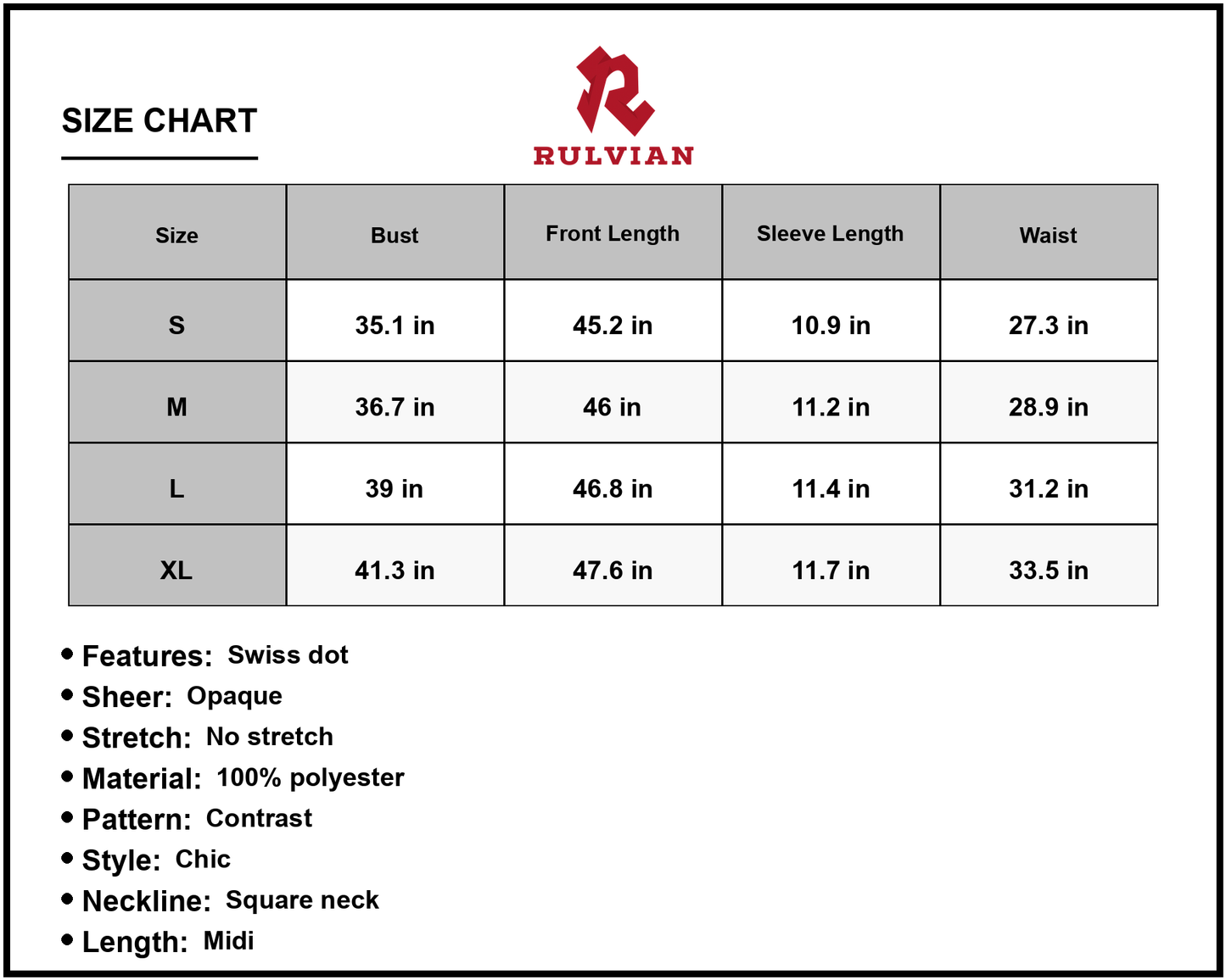 Size Chart - Women's Swiss Dot Off Shoulder Midi Dress with Puff Sleeves Slit Front Neckline Hem Fabric % Polyester Chic Silhouette