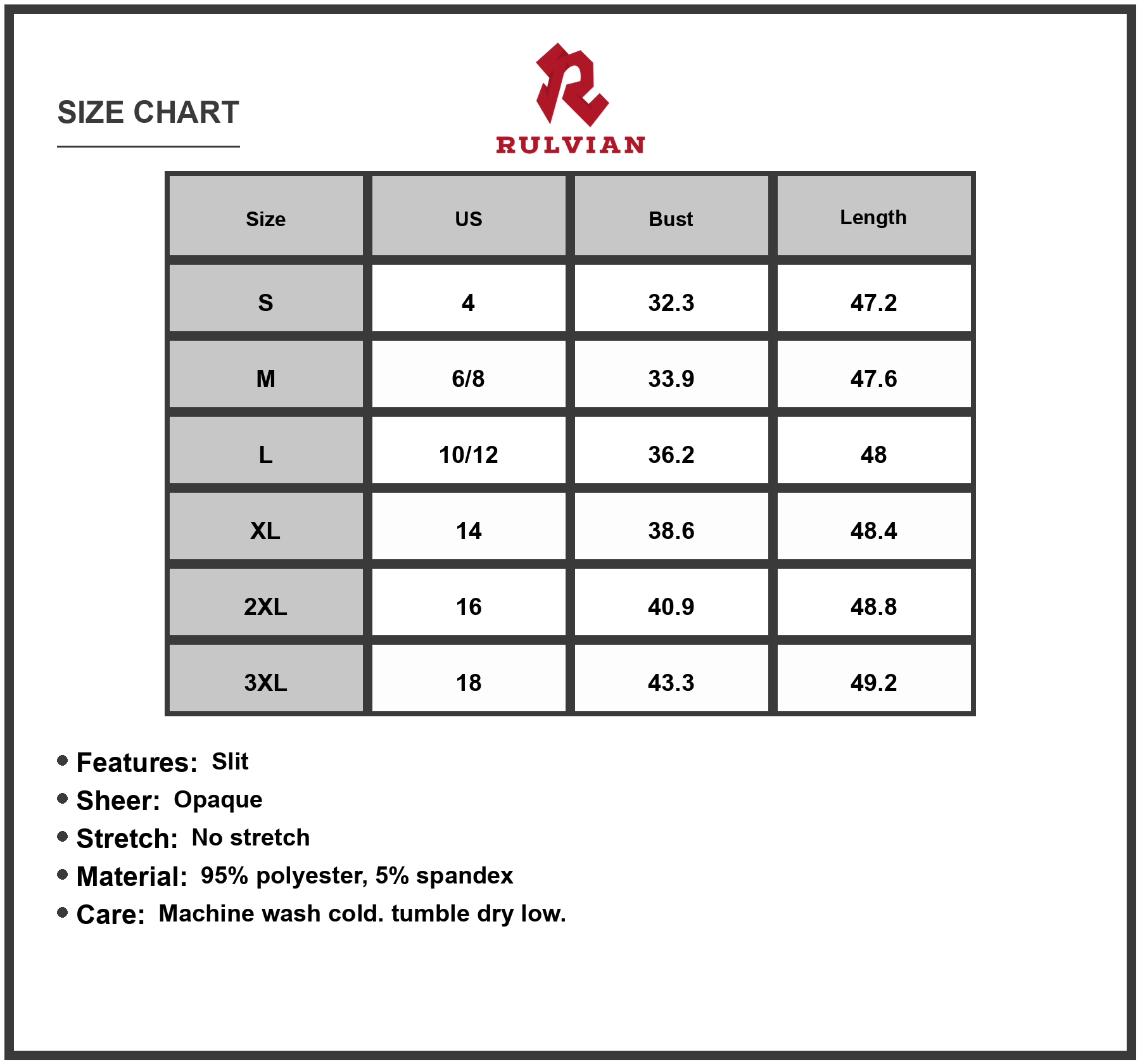 Size Chart - Women's Midi Dress with Slit Square Neck and Wide Straps 95% Polyester 5% Spandex Imported Elegant Everyday Wear