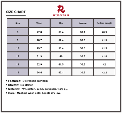 Size Chart - Women's Distressed Straight Leg Jeans with Pockets Raw Hem Premium Durable Denim Pants for Casual Everyday Fashion Versatile Outfit