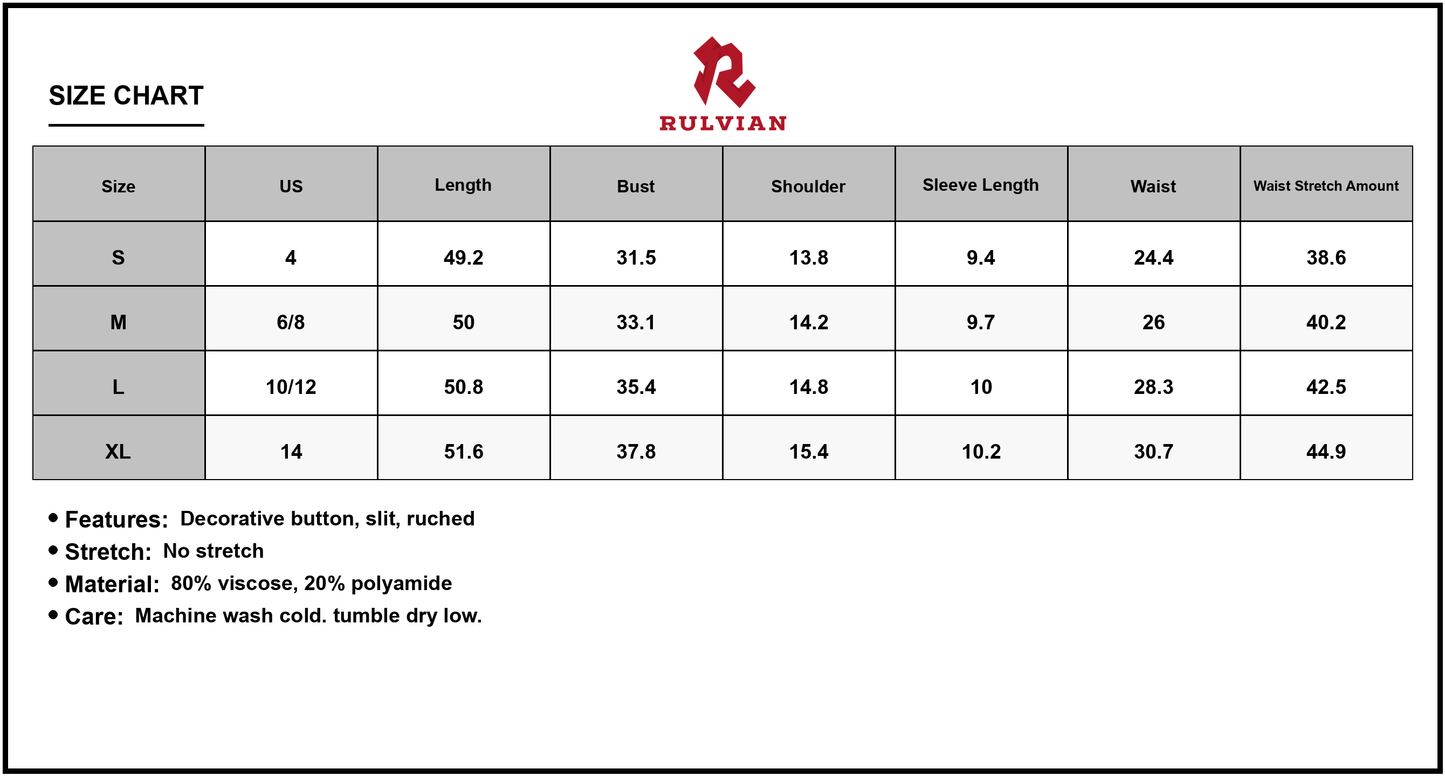 Size Chart - Women's V-Neck Puff Sleeve Dress with Decorative Button and Slit Ruched Detail 80% viscose 20% polyamide Casual Chic