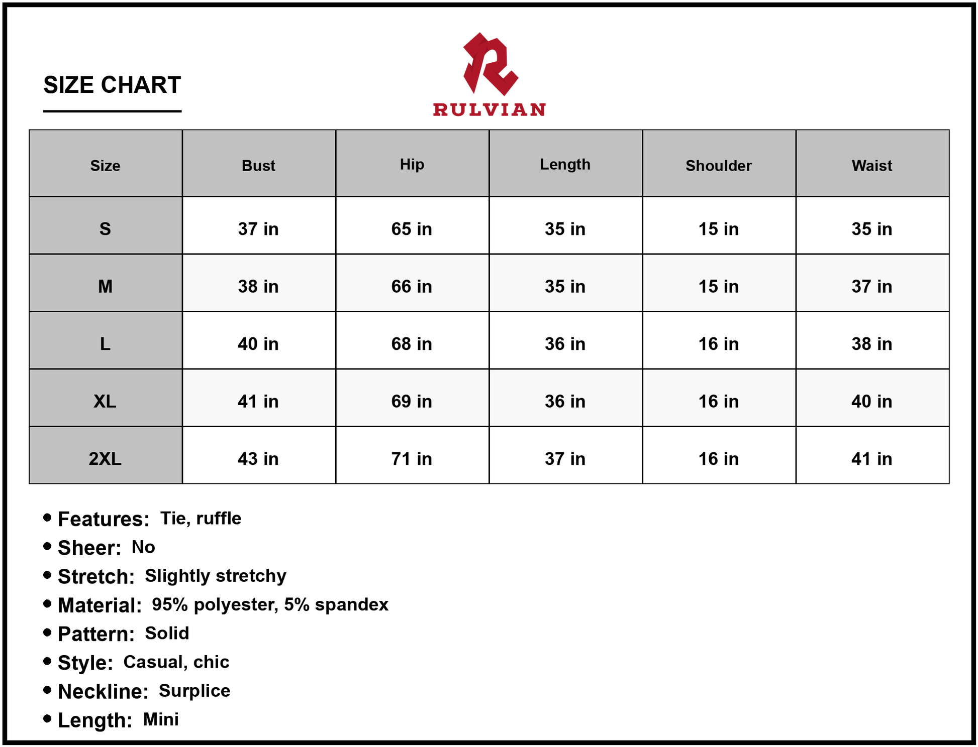 Size Chart - Women's Long Sleeve Tie Waist Ruffle Hem Dress Casual Chic Surplice Mini Line 95% polyester 5% spandex everyday