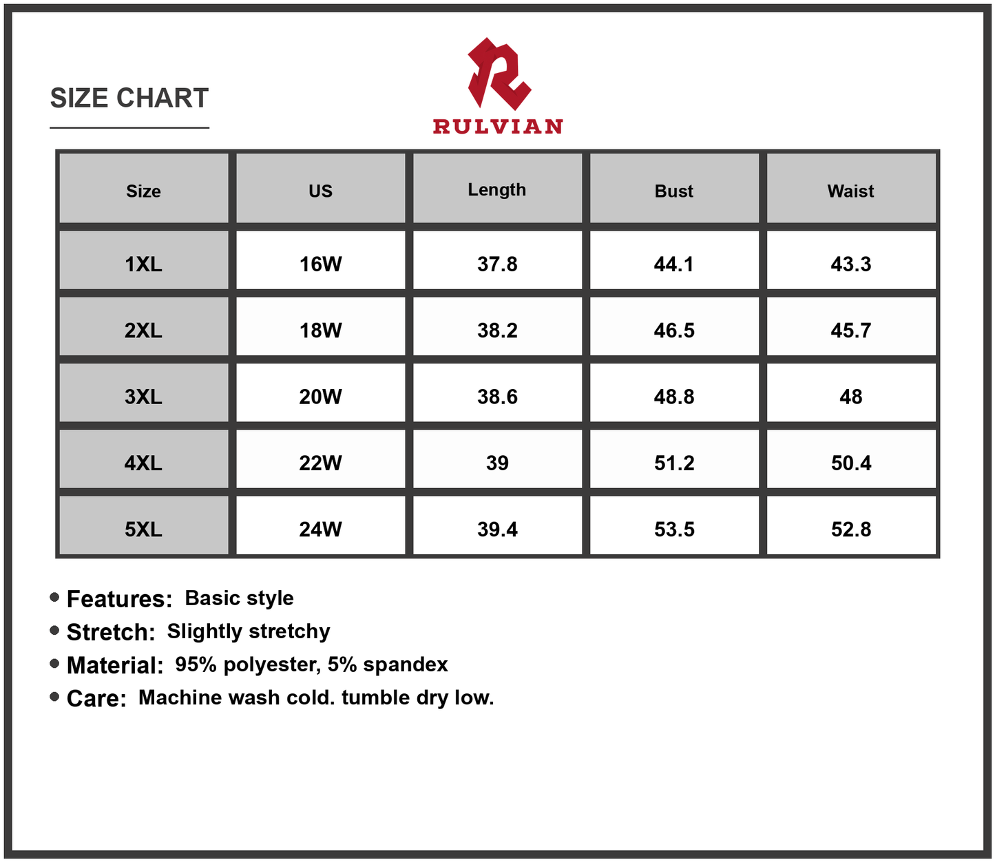 Size Chart - Women's Plus Size Printed V Neck Cami Dress for Summer Casual Everyday Wear 95% Polyester 5% Spandex Soft Stretch