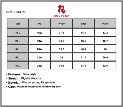 Size Chart - Women's Plus Size Printed V Neck Cami Dress for Summer Casual Everyday Wear 95% Polyester 5% Spandex Soft Stretch