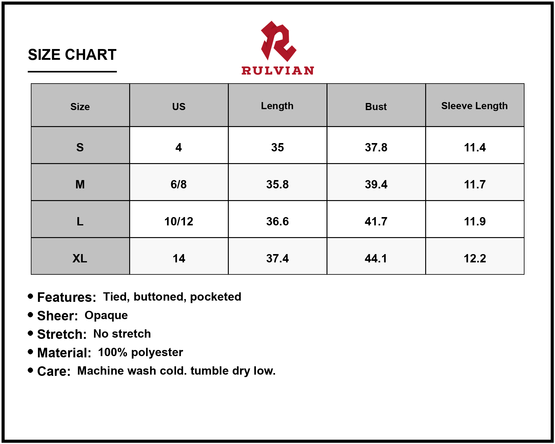 Size Chart - Women's Tie Waist Button Down Short Sleeve Mini Dress with Pockets 100% Polyester Fabric Versatile Everyday Wear