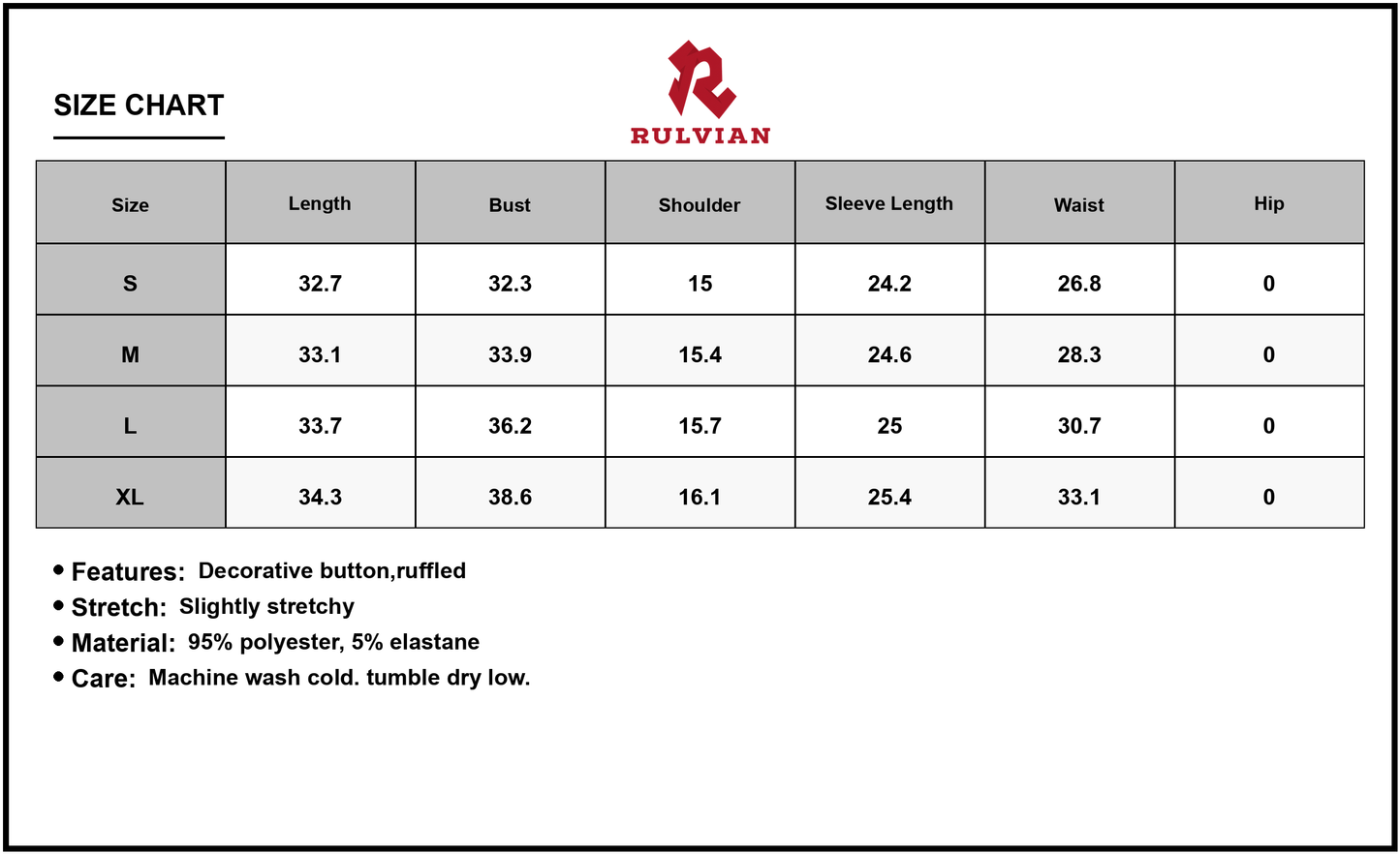 Size Chart - Women's Decorative Button Mock Neck Long Sleeve Mini Dress with Ruffles and Stretch 95% polyester 5% elastane today