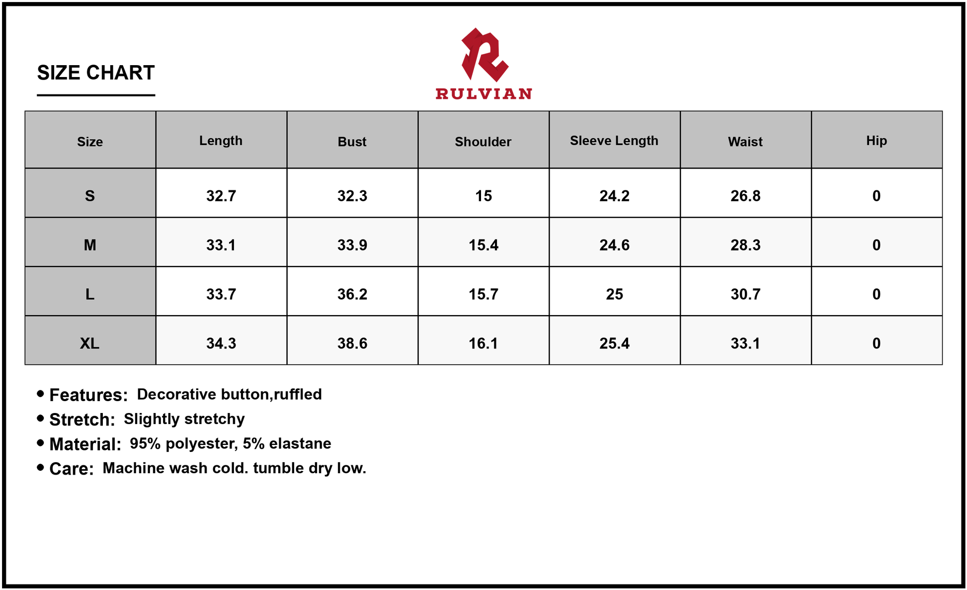 Size Chart - Women's Decorative Button Mock Neck Long Sleeve Mini Dress with Ruffles and Stretch 95% polyester 5% elastane today