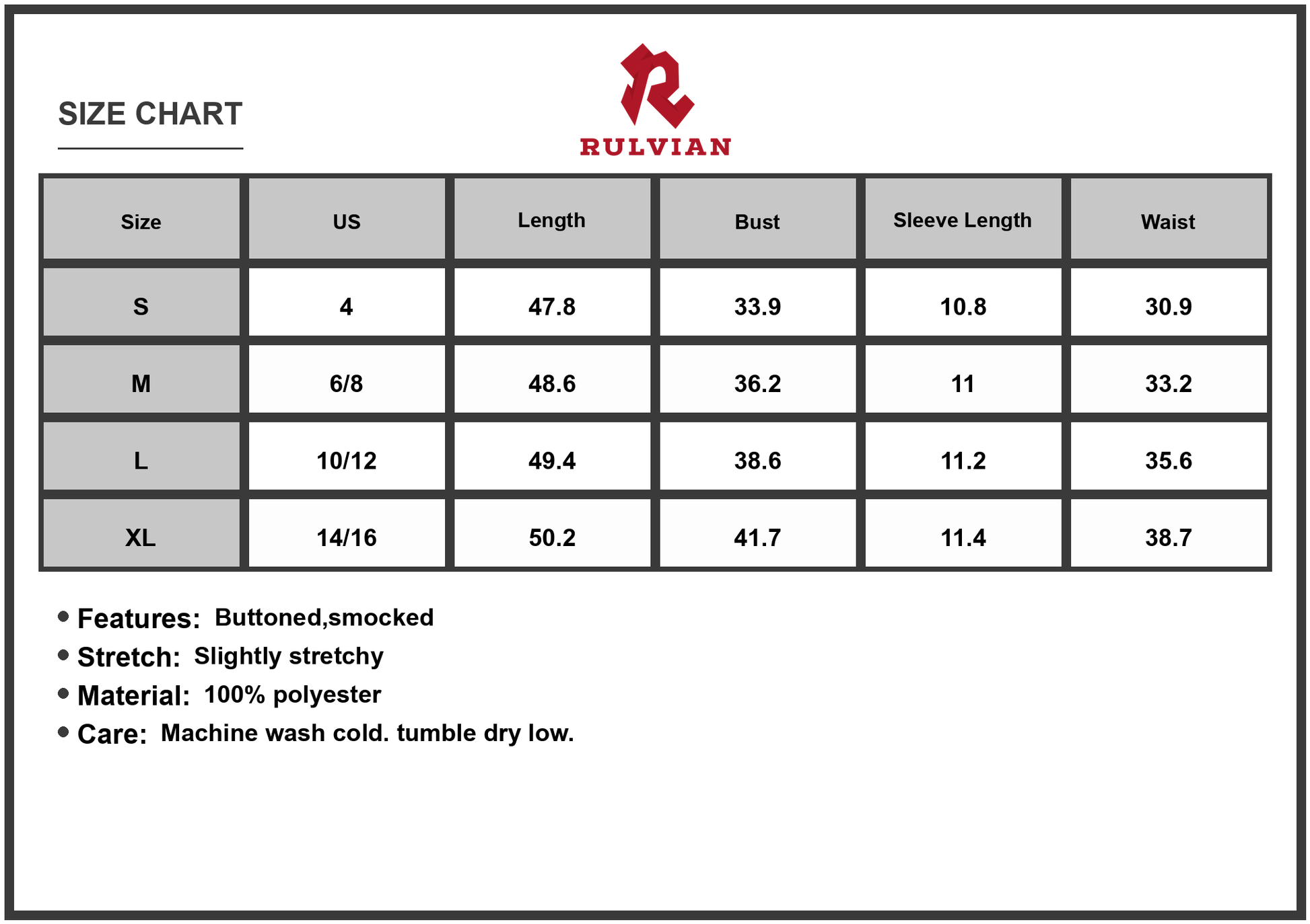 Size Chart - Women's V Neck Buttoned Front Shirred Back Short Sleeve Midi Dress for Chic Versatile Comfortable Easy Care 100% Polyester