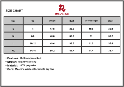 Size Chart - Women's V Neck Buttoned Front Shirred Back Short Sleeve Midi Dress for Chic Versatile Comfortable Easy Care 100% Polyester