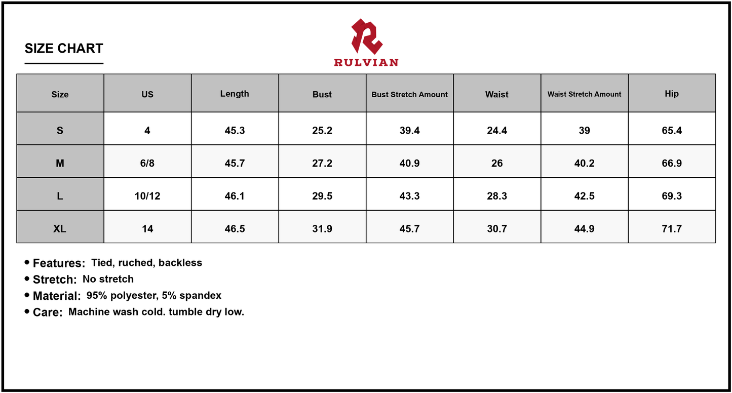 Size Chart - Women's Cutout Square Neck Midi Cami Dress with Ties and Ruched Backless Fit 95% Polyester 5% Spandex Imported Easy Care