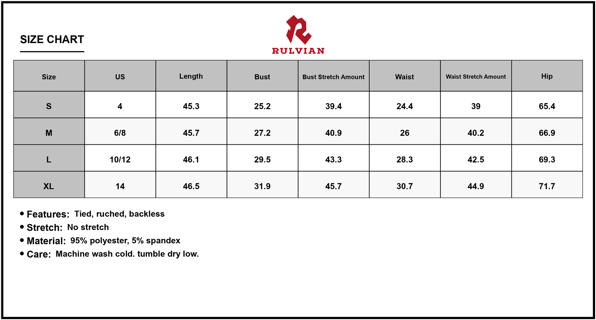 Size Chart - Women's Cutout Square Neck Midi Cami Dress with Ties and Ruched Backless Fit 95% Polyester 5% Spandex Imported Easy Care
