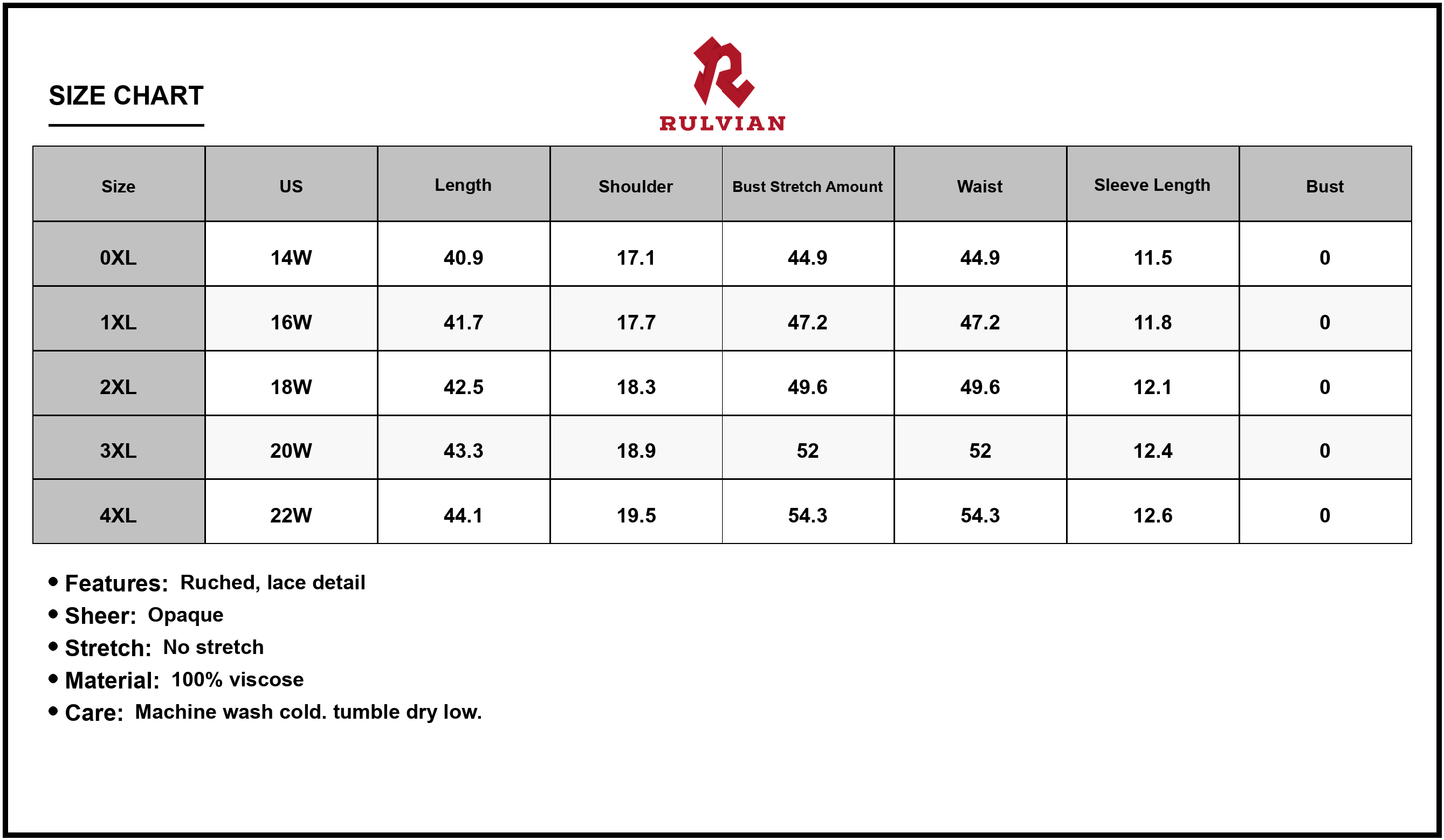 Size Chart - Men's Plus Size Lace Detail Printed Half Sleeve Dress Ruched Sheer Overlay One Hundred Percent Viscose Soft Finish