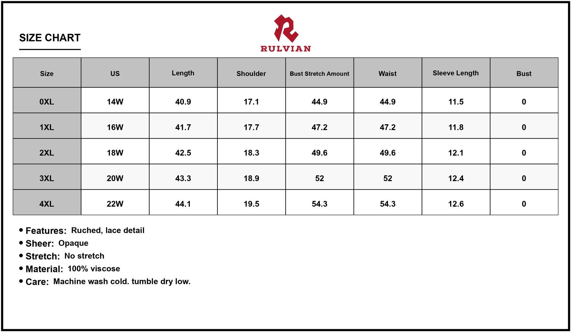 Size Chart - Men's Plus Size Lace Detail Printed Half Sleeve Dress Ruched Sheer Overlay One Hundred Percent Viscose Soft Finish
