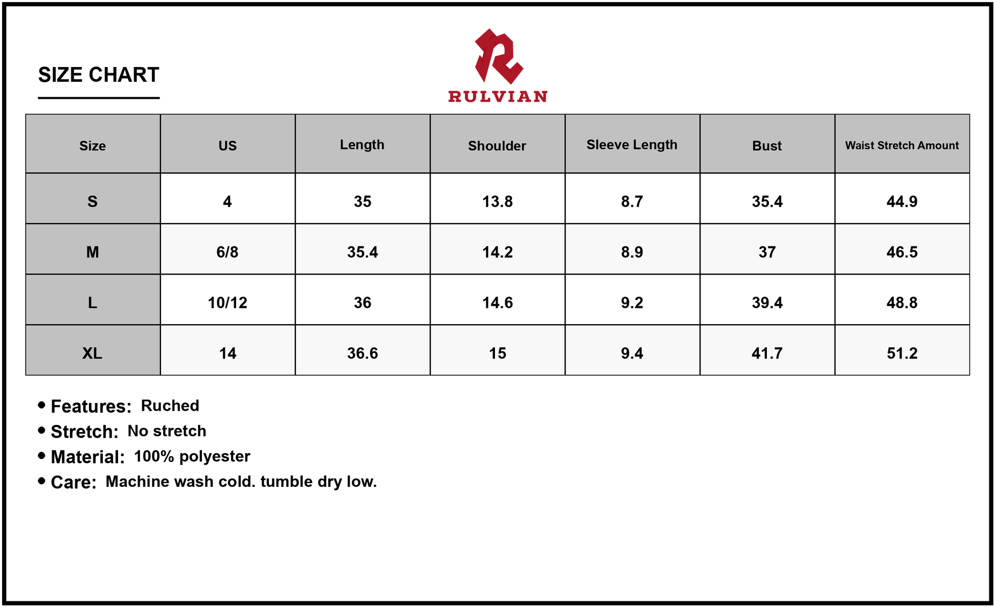 Size Chart - Women's Textured V Neck Short Sleeve Mini Dress Ruched Detail 100% Polyester Fabric for Everyday Comfort All Day Wear