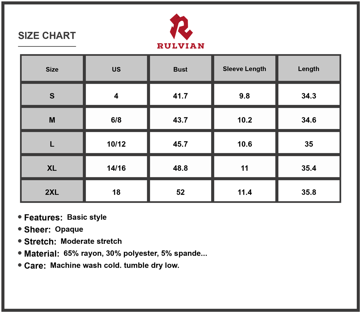 Size Chart - Women's Round Neck Short Sleeve Mini Dress 65% Rayon 30% Polyester 5% Spandex Lightweight Daytime Wear Daily Wear