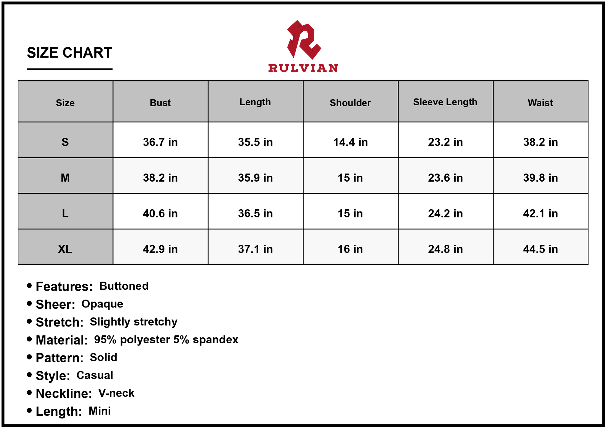 Size Chart - Women's Button Down V Neck Mini Dress Casual Solid Long Sleeve A Line Hem Comfortable Everyday Wear for Casual Outings