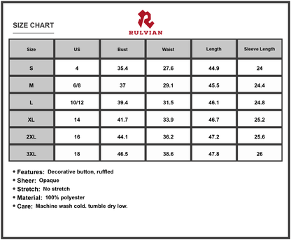 Size Chart - Women's Surplice Midi Dress with Long Sleeve Ruffled Sheer Details Decorative Button 100% Polyester for Everyday Wear