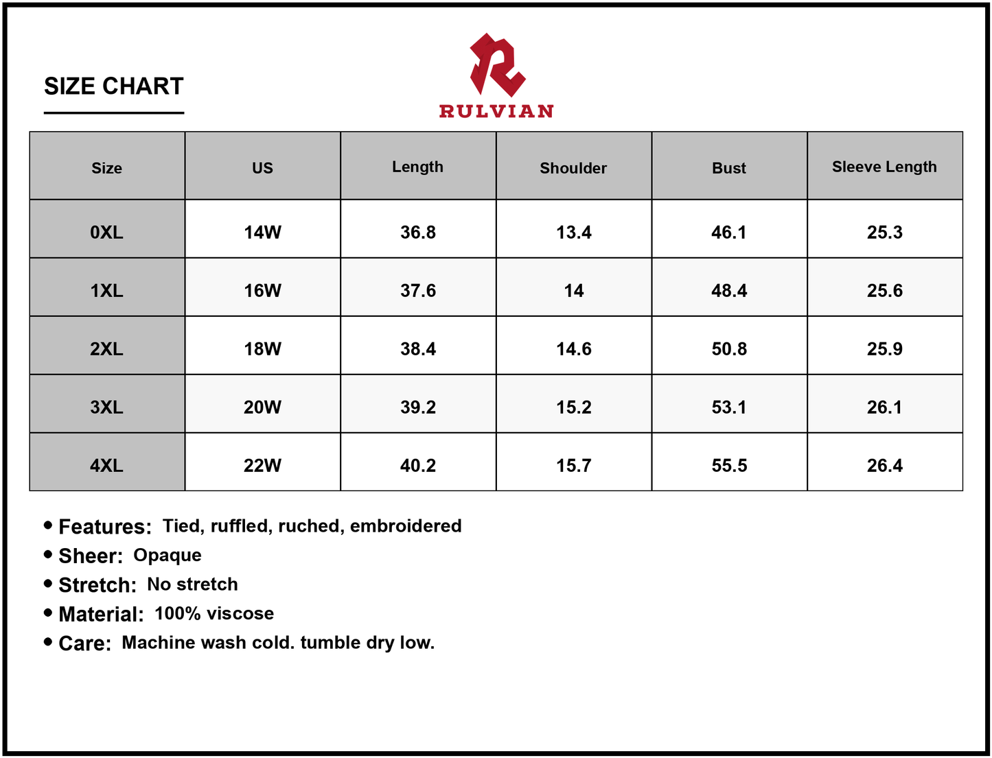 Size Chart - Women's Plus Size Embroidered Tie Neck Long Sleeve Mini Dress with Ruched Detail in Viscose % fabric for everyday chic