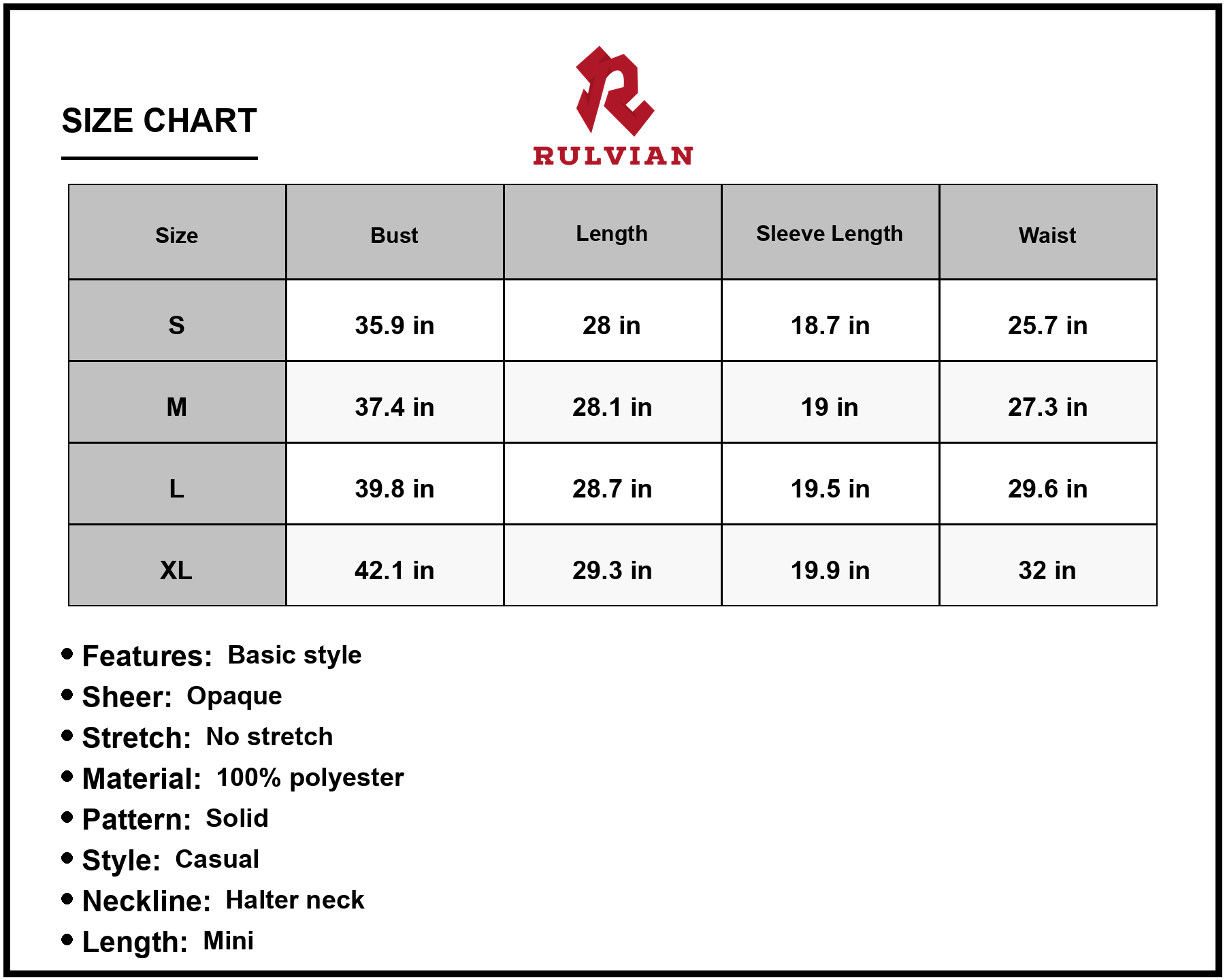 Size Chart - Women's Cold Shoulder Crisscross Mini Dress Halter Neck Casual Style in 100% Polyester Fabric for Casual and Partywear