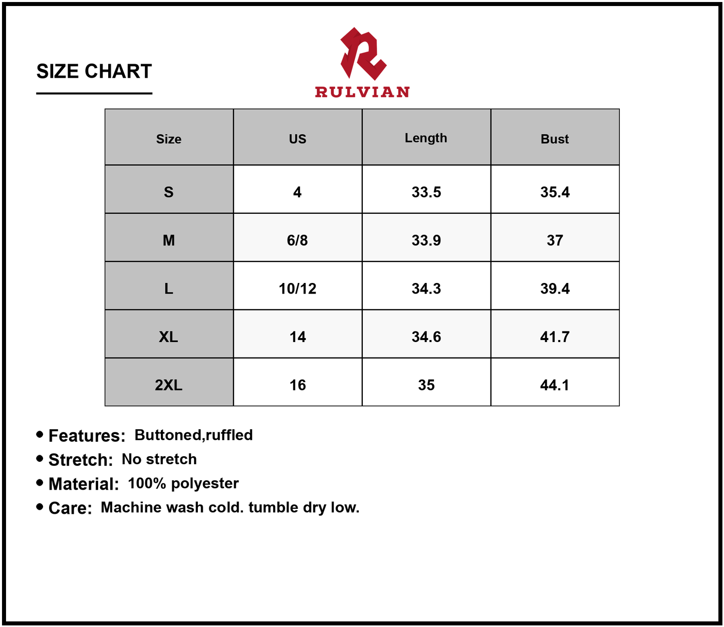 Size Chart - Women's V-Neck Button-Front Ruffle Hem Dress in Lightweight 100% Polyester Fabric for Everyday Wear Silhouette