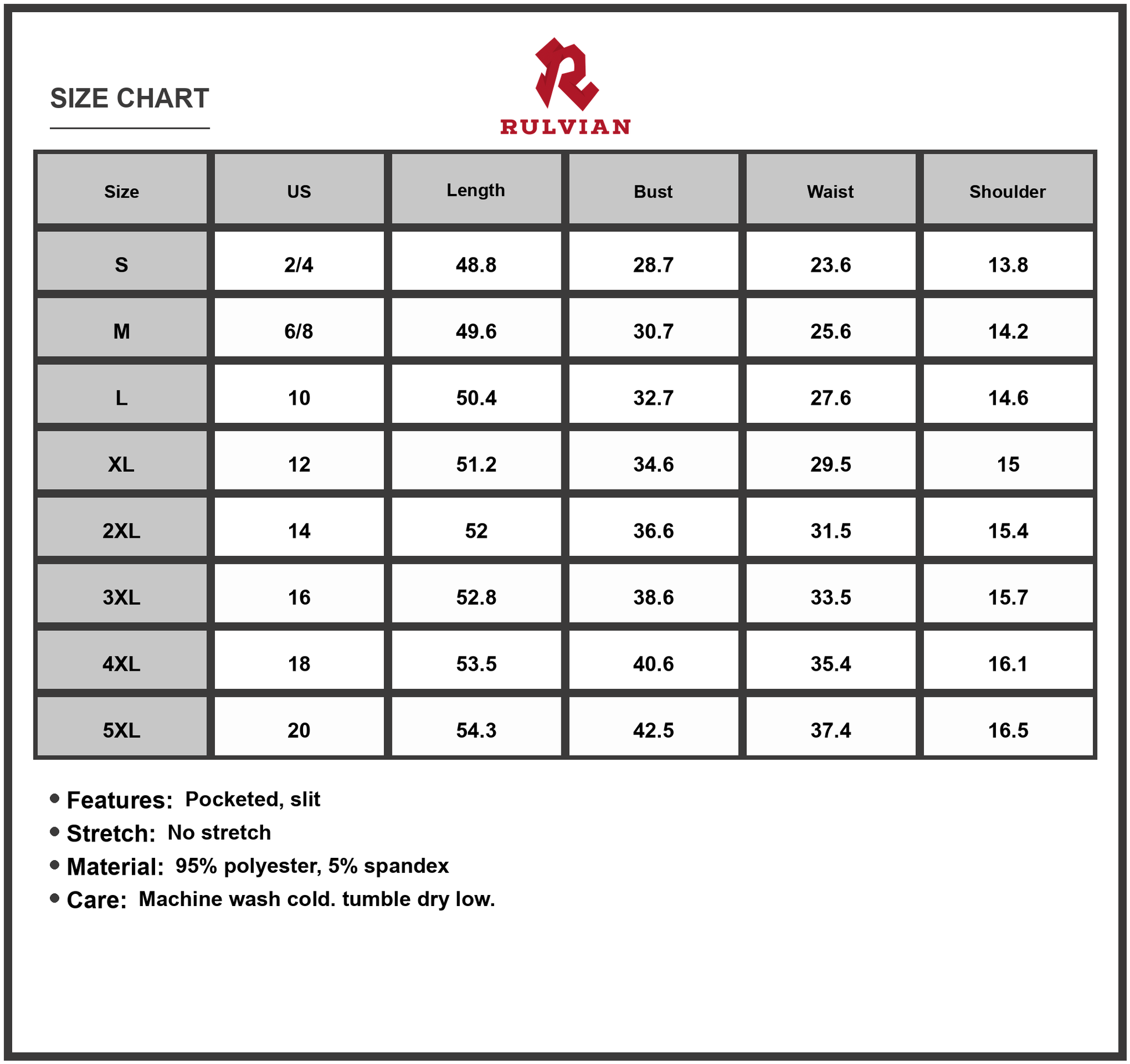 Size Chart - Women's Maxi Tank Dress with Round Neck and Slit Full Length Sleeveless Pocketed Plus Size 95% Polyester 5% Spandex