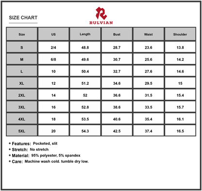 Size Chart - Women's Maxi Tank Dress with Round Neck and Slit Full Length Sleeveless Pocketed Plus Size 95% Polyester 5% Spandex