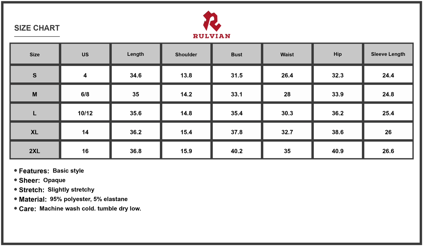 Size Chart - Women's Turtleneck Long Sleeve Mini Dress with Stretch Knit 95% Polyester 5% Elastane for Everyday Style Casual
