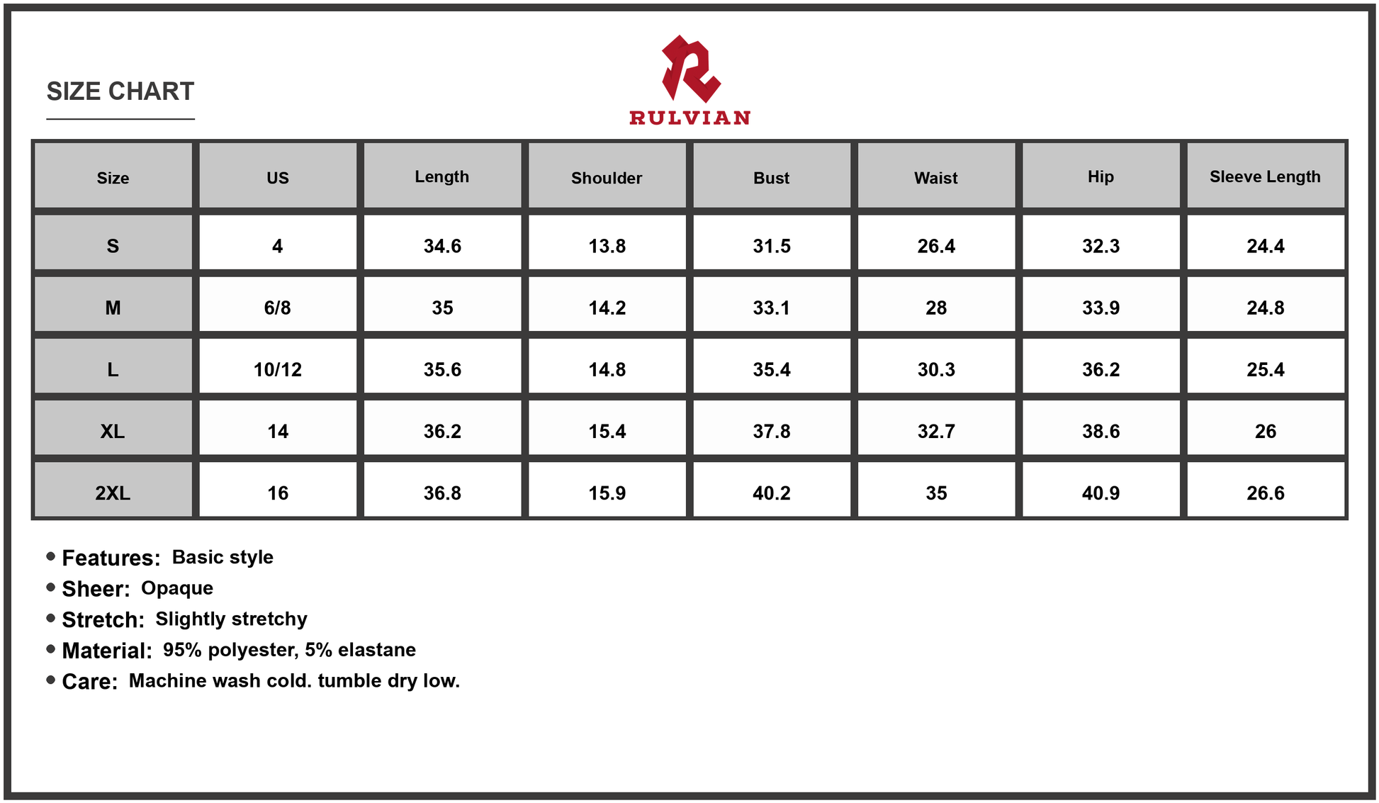 Size Chart - Women's Turtleneck Long Sleeve Mini Dress with Stretch Knit 95% Polyester 5% Elastane for Everyday Style Casual