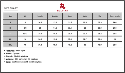 Size Chart - Women's Turtleneck Long Sleeve Mini Dress with Stretch Knit 95% Polyester 5% Elastane for Everyday Style Casual