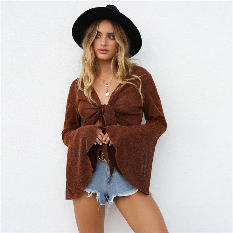 Women's Trumpet Sleeve Cardigan Slim T Shirt One Hundred Percent Polyester Fiber Comfortable Everyday