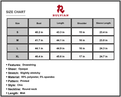 Size Chart - Women's Honey Printed Long Sleeve Midi Dress Round Neckline Drawstring Detail for Chic Elegant Everyday Casual Wear