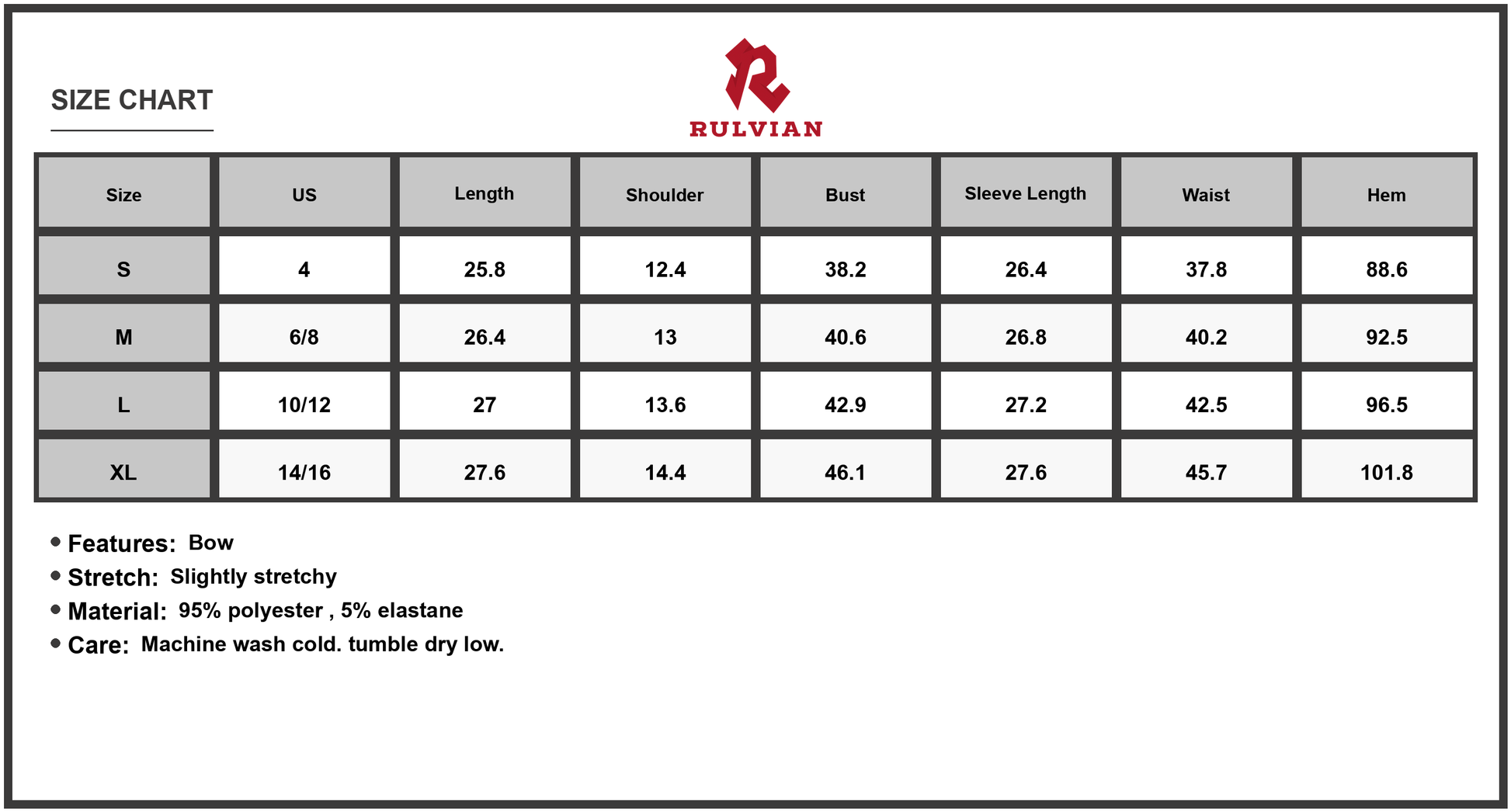 Size Chart - Women's Tied Round Neck Flounce Sleeve Mini Dress 95% Polyester 5% Elastane Soft Stretch Day Night Casual Events