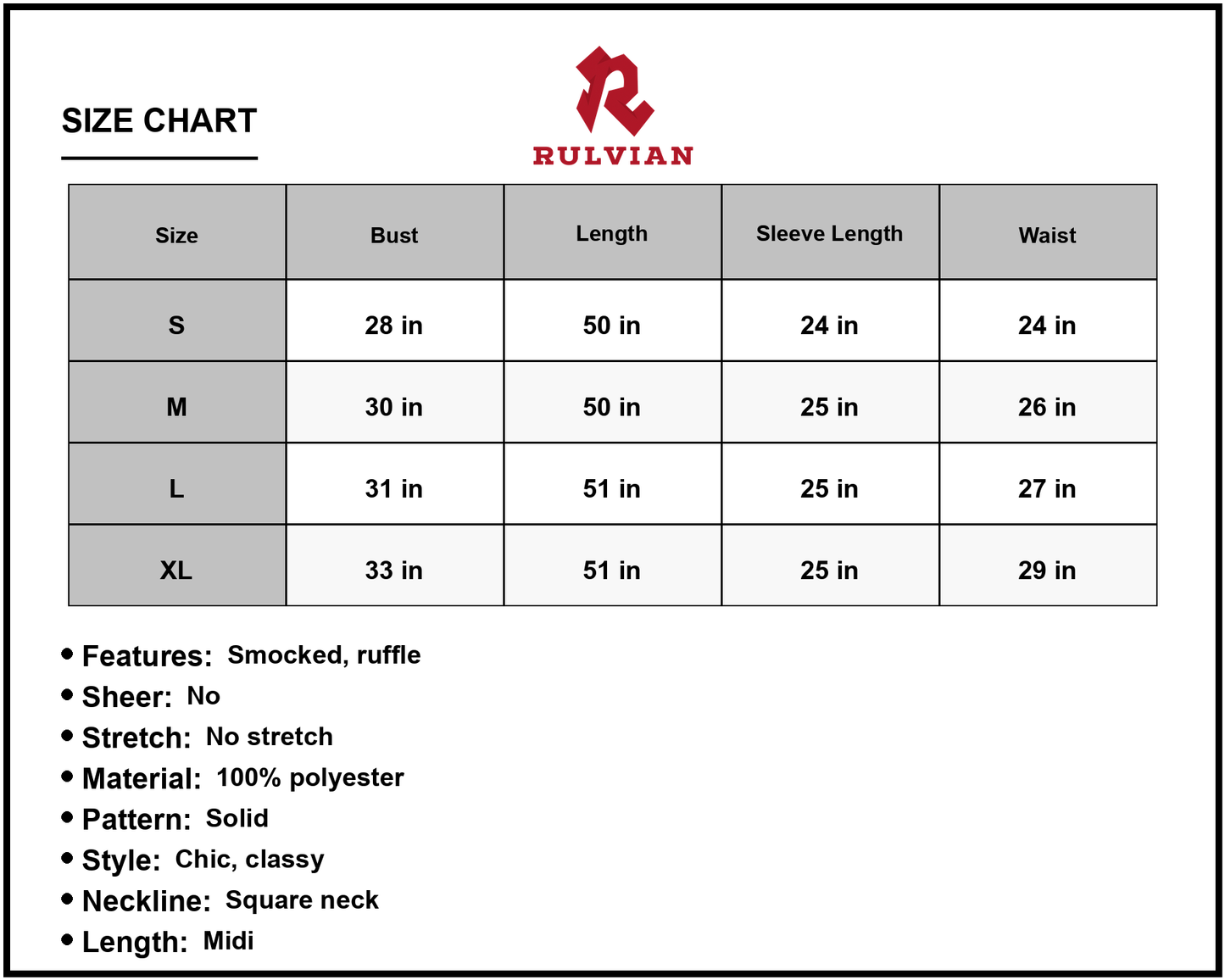 Size Chart - Women's Smocked Ruffle Hem Midi Dress with Flounce Sleeves and Square Neck Look Everyday Wear Polyester % Fabric