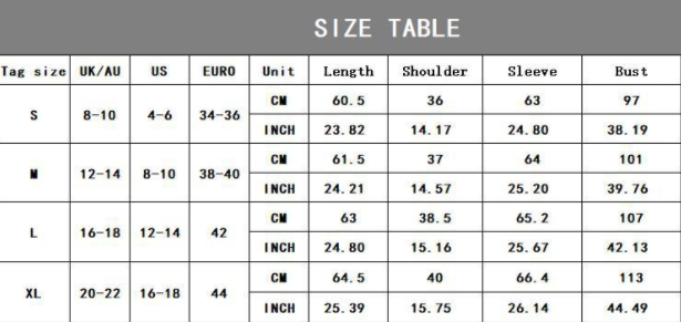 Size Chart - Slim Fit Slimming Long Sleeves Top For Women