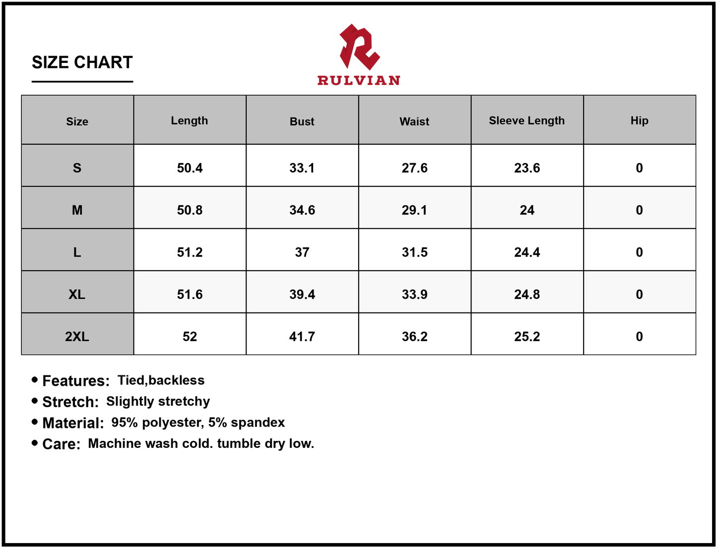 Size Chart - Women's Contrast Trim Long Sleeve Bodycon Maxi Dress Backless Tied Design Stretch 95% Polyester and 5% Spandex
