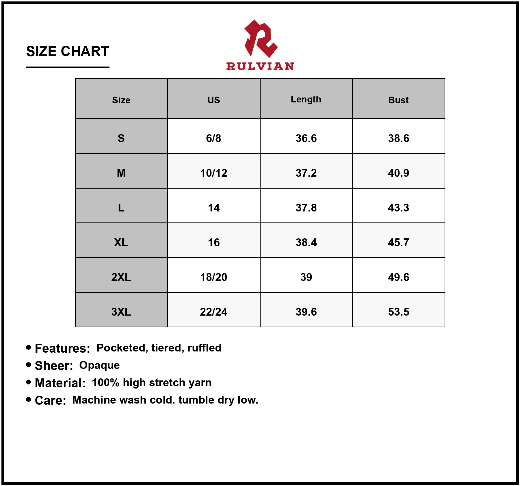 Size Chart - Women's V Neck Balloon Sleeve Tiered Dress with Pockets 100% High Stretch Yarn Fabric for Everyday Comfort Essentials