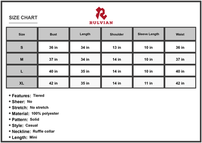 Size Chart - Women's Puff Sleeve Tiered Dress with Tie Back and Ruffle Collar Mini Hem in Polyester % Fabric for Casual Wear