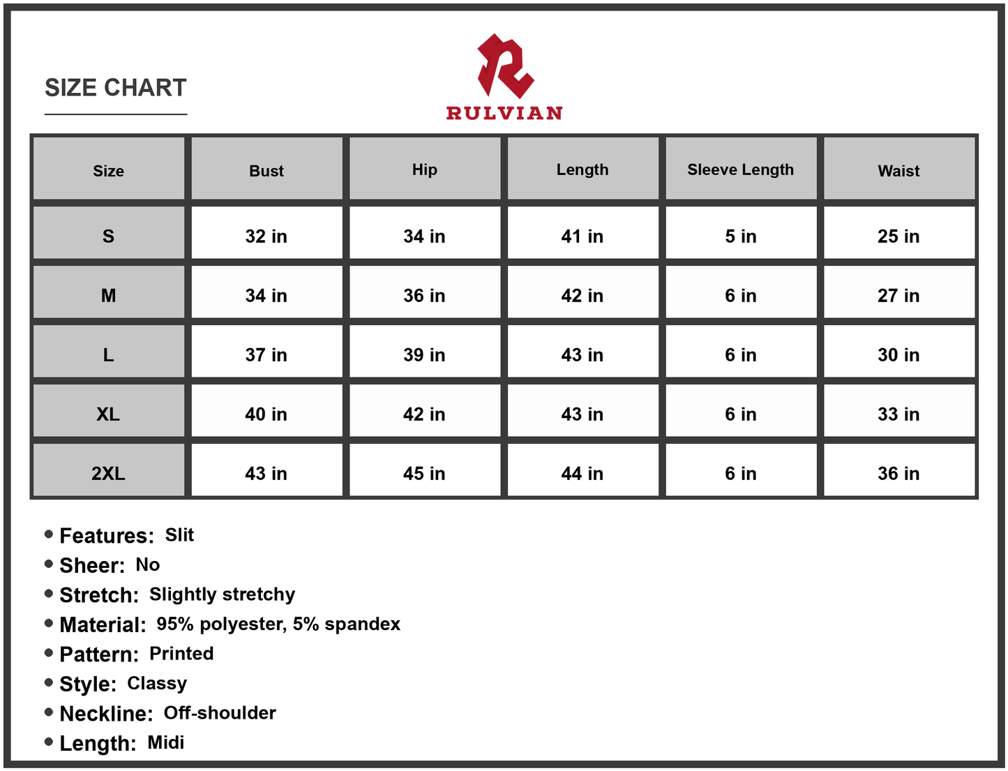 Size Chart - Women's Printed Off Shoulder Midi Dress with Slit 95% Polyester 5% Spandex Casual Classy Everyday Wear Ideal for Day Wear