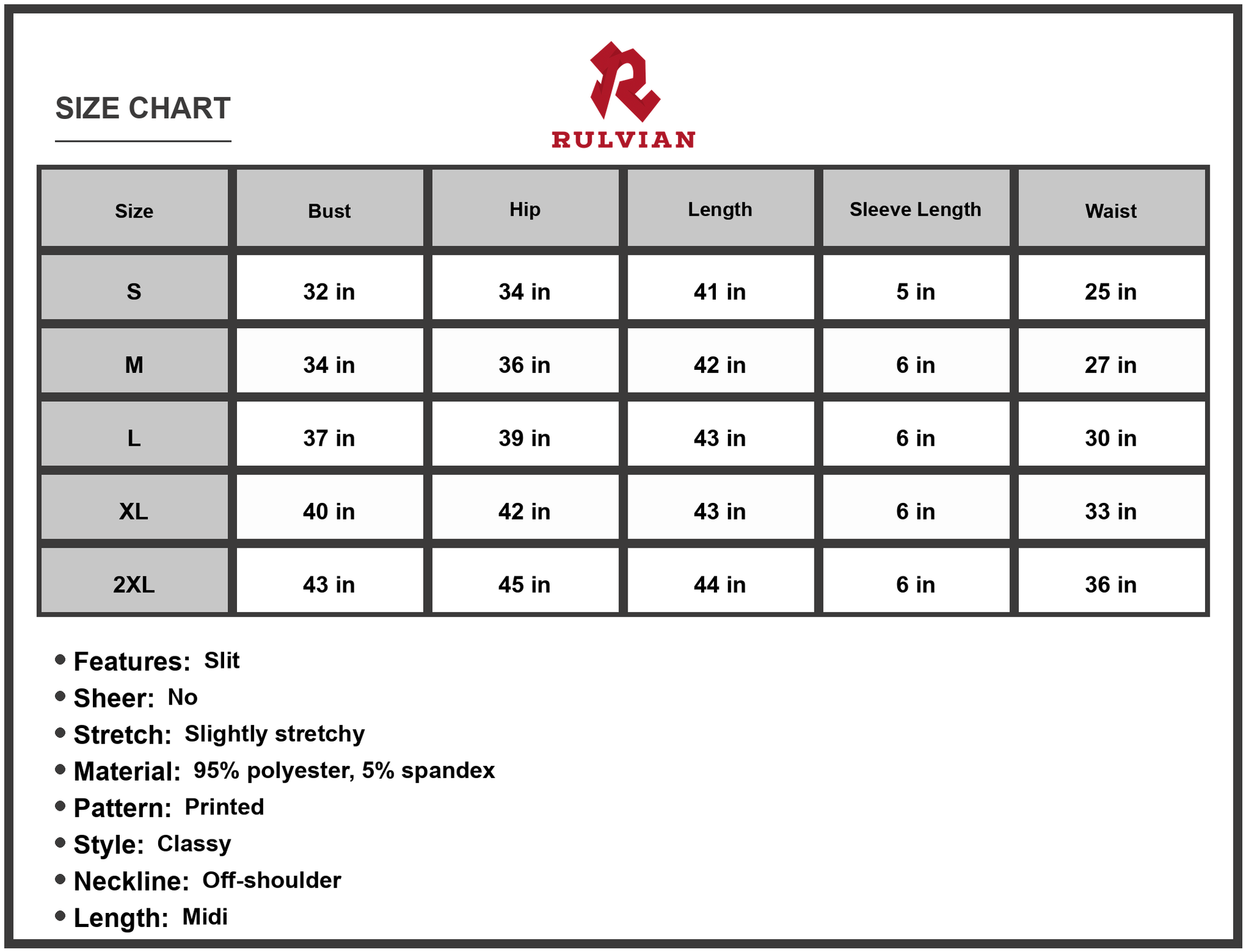Size Chart - Women's Printed Off Shoulder Midi Dress with Slit 95% Polyester 5% Spandex Casual Classy Everyday Wear Ideal for Day Wear