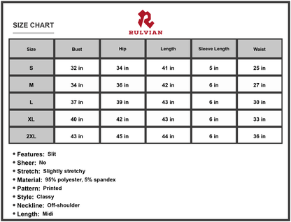 Size Chart - Women's Printed Off Shoulder Midi Dress with Slit 95% Polyester 5% Spandex Casual Classy Everyday Wear Ideal for Day Wear