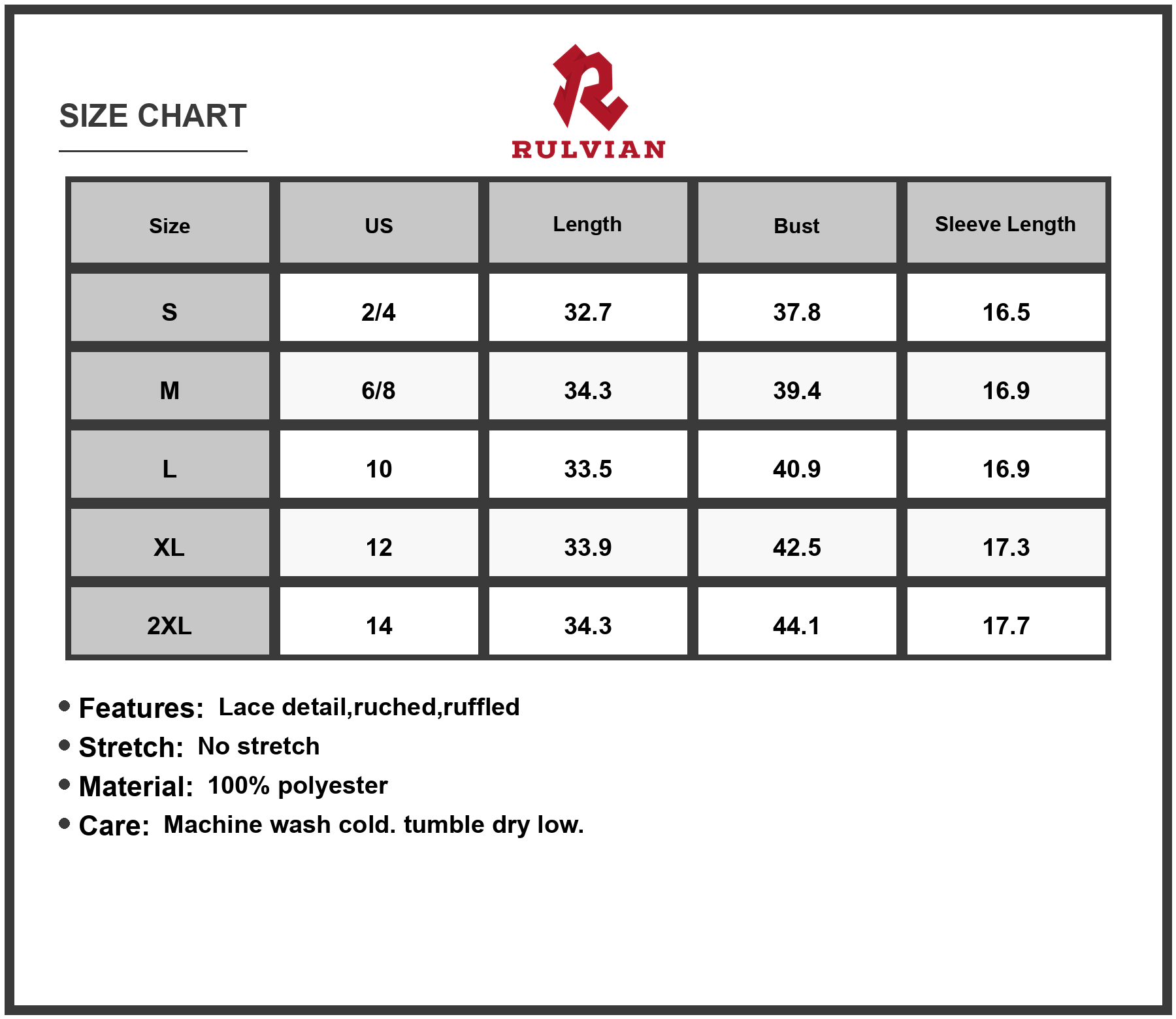 Size Chart - Women's V Neck Lace Trim Striped Babydoll Dress 100% Polyester Lightweight Comfortable Elegant Lace Details Silhouette