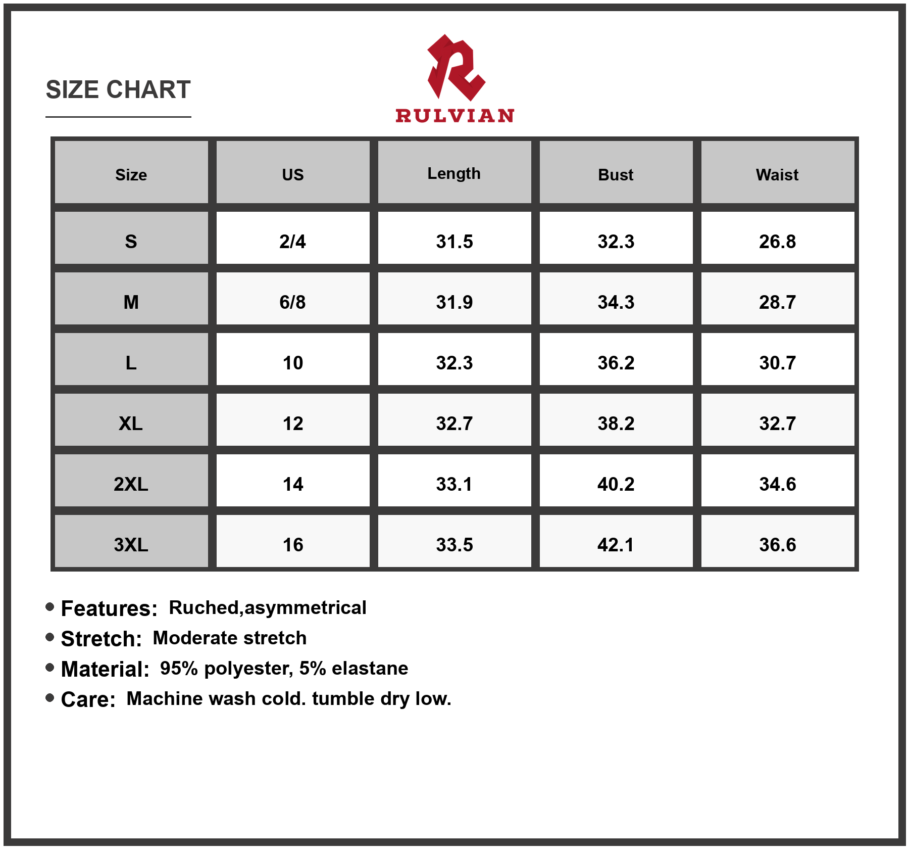 Size Chart - Women's Plus Size Ruched Round Neck Sleeveless Dress with Moderate Stretch 95% polyester and 5% elastane for comfort