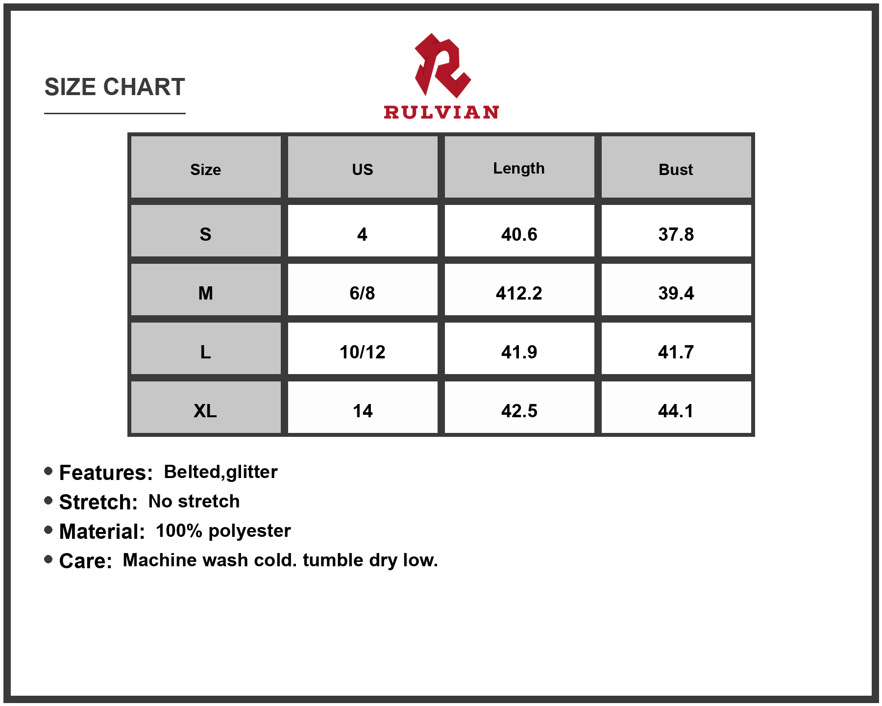 Size Chart - Women's V Neck Metallic Print Dress with Polyester % Lined Fabric for Party Wear Belted Sparkle Look and Care Guide
