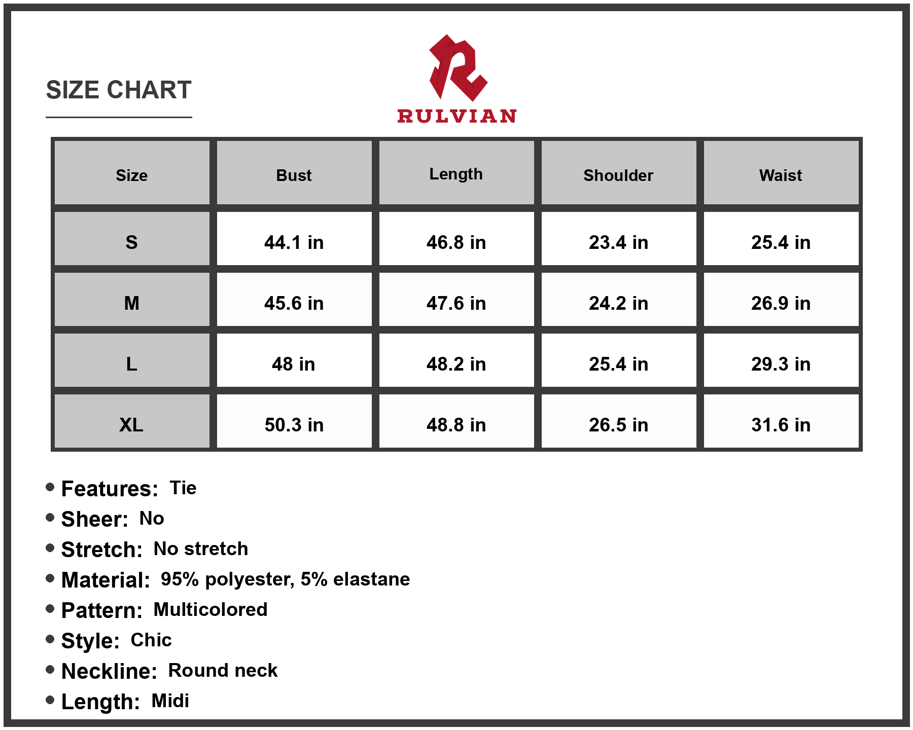 Size Chart - Men's Round Neck Short Sleeve Tie Waist Midi Dress Colorful Ninety Five% Polyester Five% Elastane Elegant Everyday